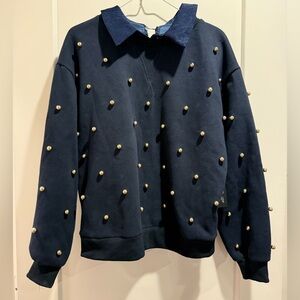 On 12th Pearl-Embellished Navy Collared Pullover Sweatshirt Size M